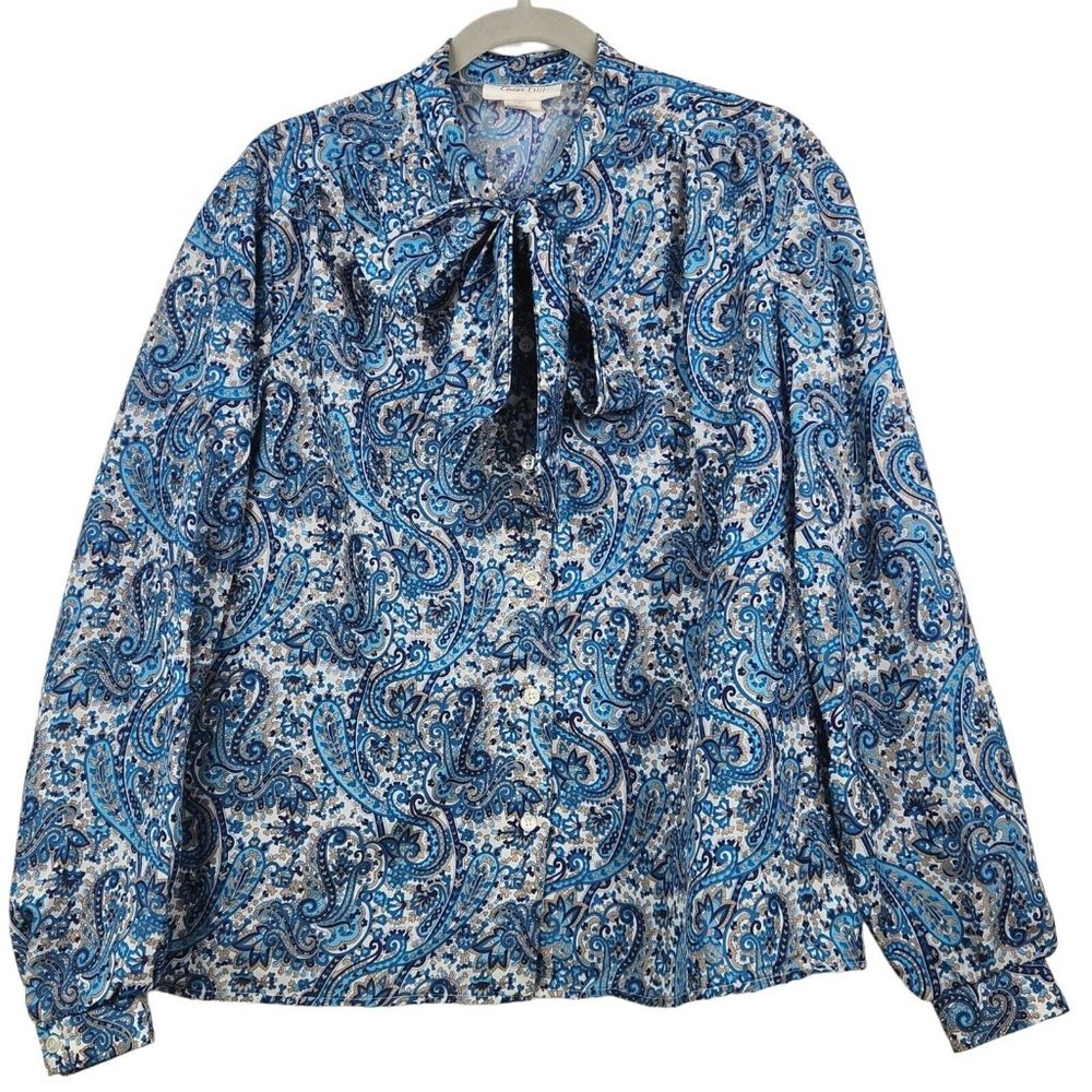 Vintage Cedar Hill Womens Blouse Size 16 Turquoise/White Paisley Button Down Tie